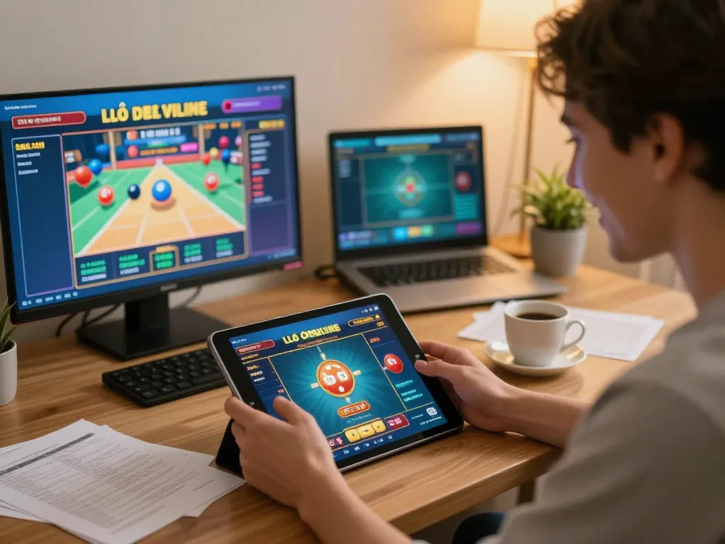 Engaging in lô đề online gaming at home, with tablet showing betting interface and cozy atmosphere.