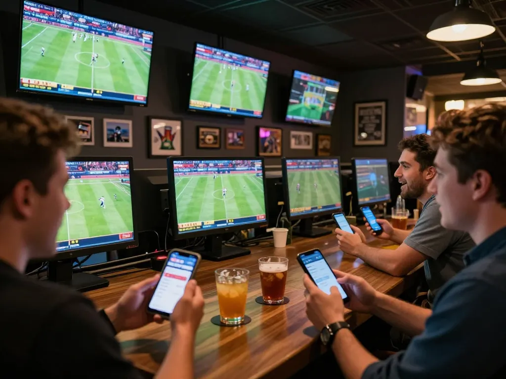 Engaged friends placing bets on cm88a while watching a live sports event at a lively bar.