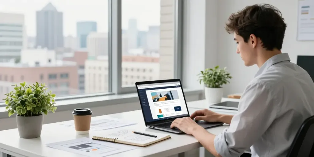 Professioneller Webdesigner bei der Arbeit in einem modernen Büro, mit Fokus auf webdesign saarland.