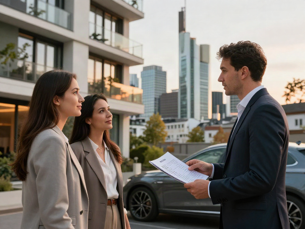 Bester Immobilienmakler Frankfurt zeigt stylische Wohnung mit potenziellen Käufern in Frankfurt