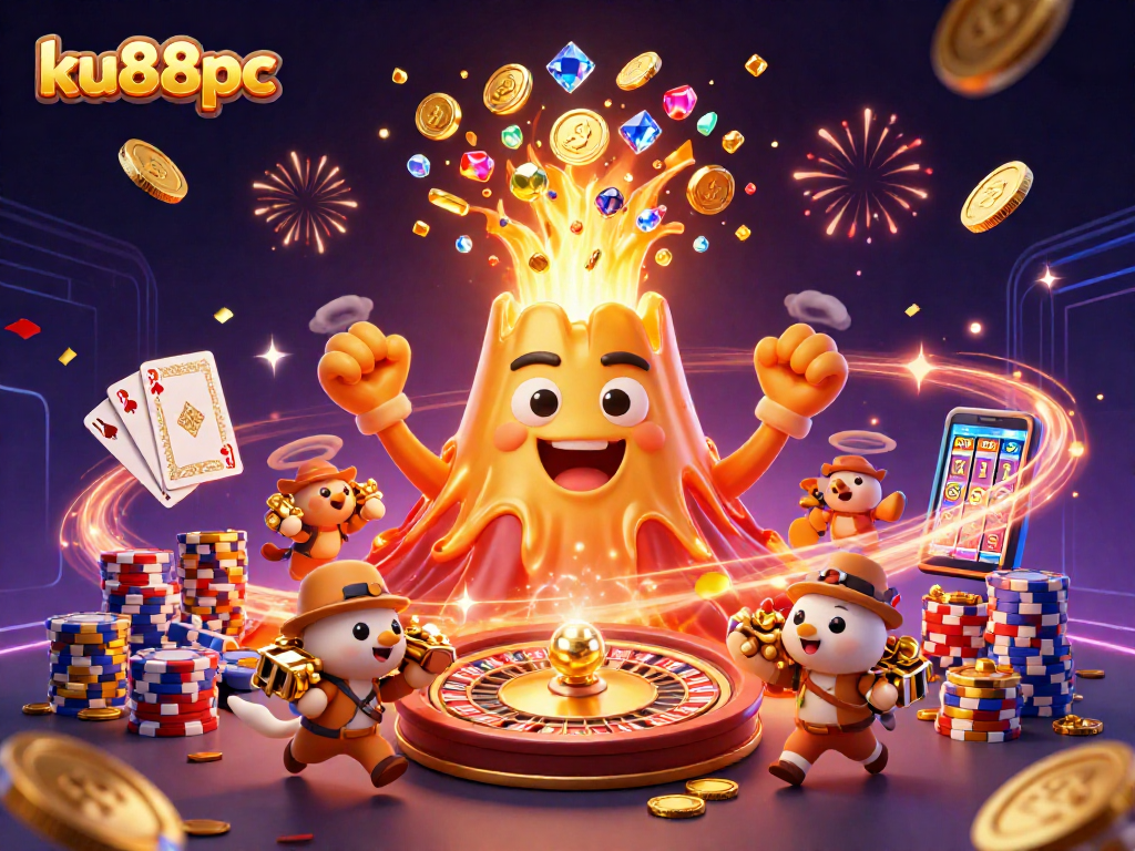 Experience thrilling wins with ku88pc as golden coins and gems erupt in a victorious scene.