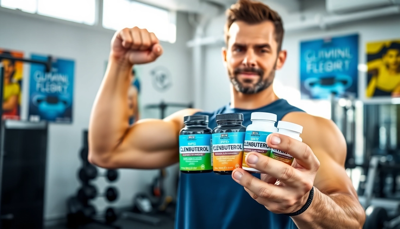 Fitnesscoach zeigt clenbuterol kaufen Produkte in einem modernen Fitnessstudio.
