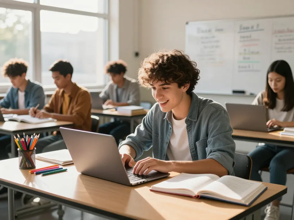 Schüler nutzt das Hausaufgaben KI-Tool auf einem Laptop in einer hellen Lernumgebung.