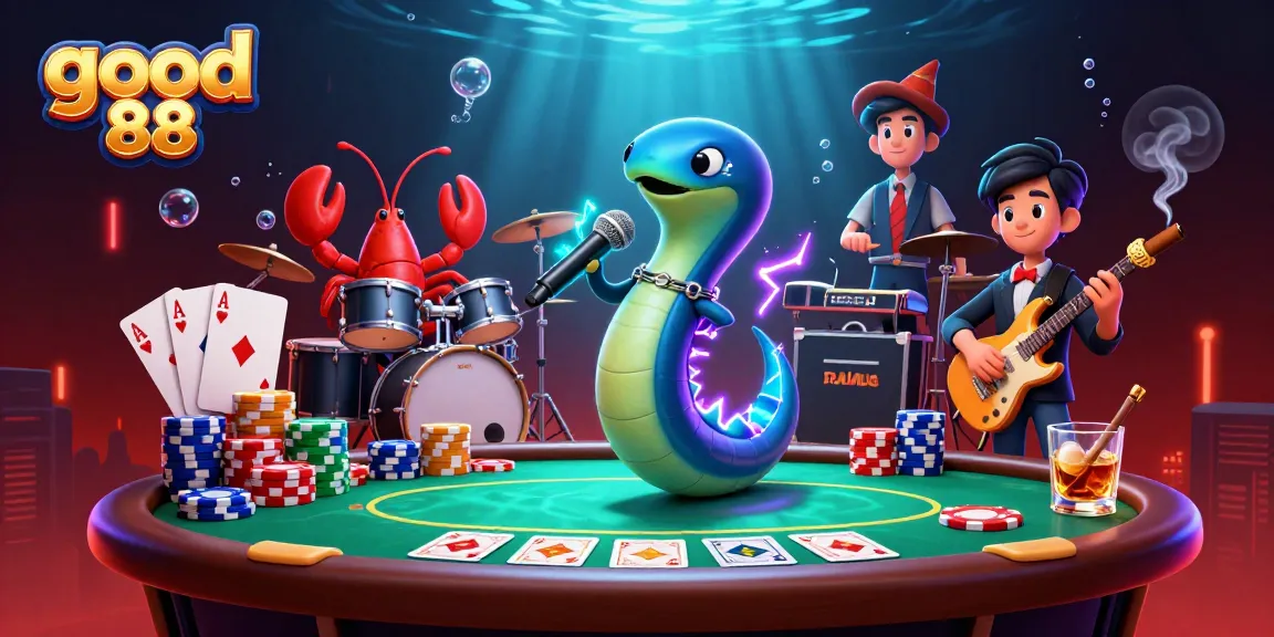 Good 88 electric eel DJ performs at an underwater casino, surrounded by vibrant gambling elements.