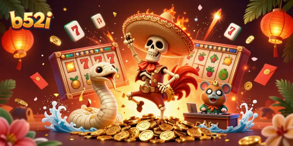 Celebrate wins with b52i's vibrant casino-themed victory dance illustration featuring lively characters and rich game elements.