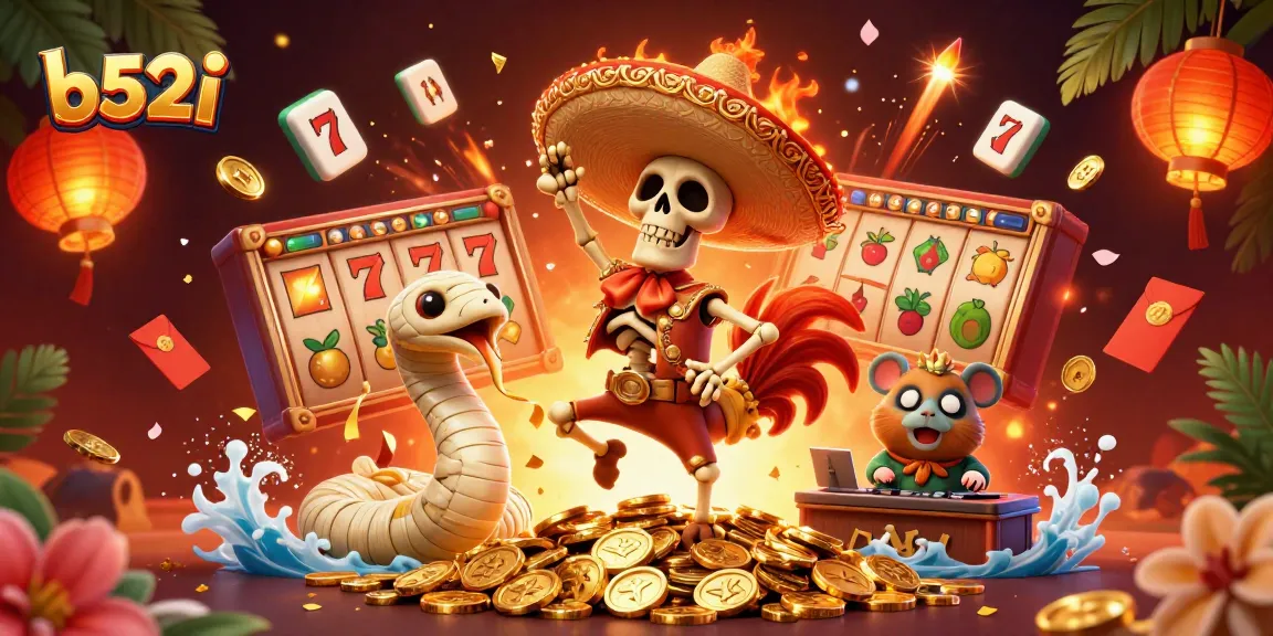 Celebrate wins with b52i's vibrant casino-themed victory dance illustration featuring lively characters and rich game elements.