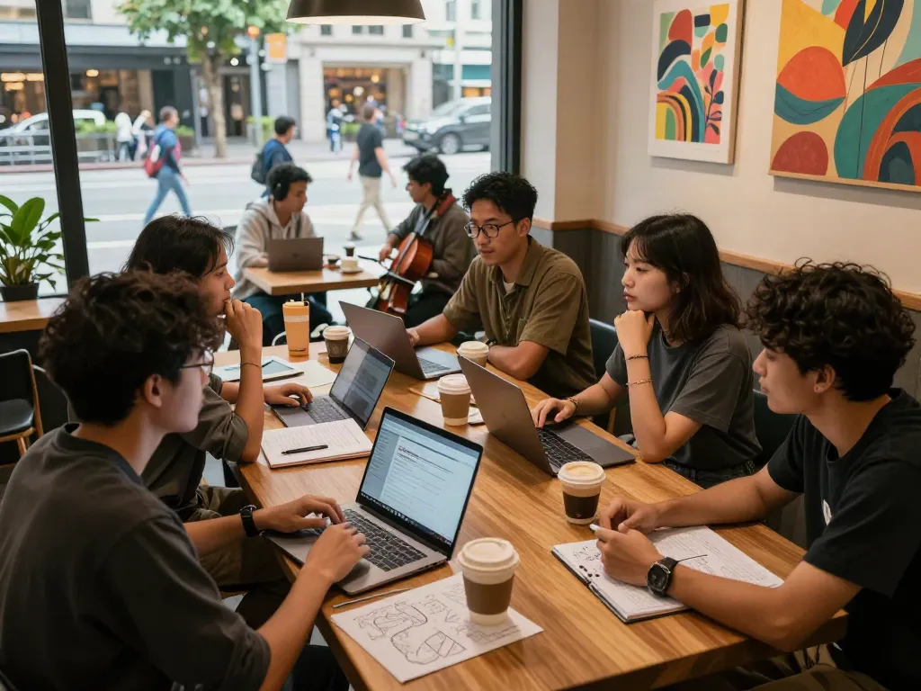 Young adults discussing innovative ideas around rokok88 alternatif in a lively coffee shop setting.