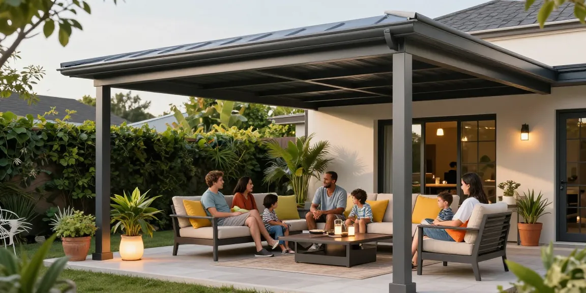 Gemütliche Familie unter einer Terrassenüberdachung genießt einen sonnigen Nachmittag im Garten.