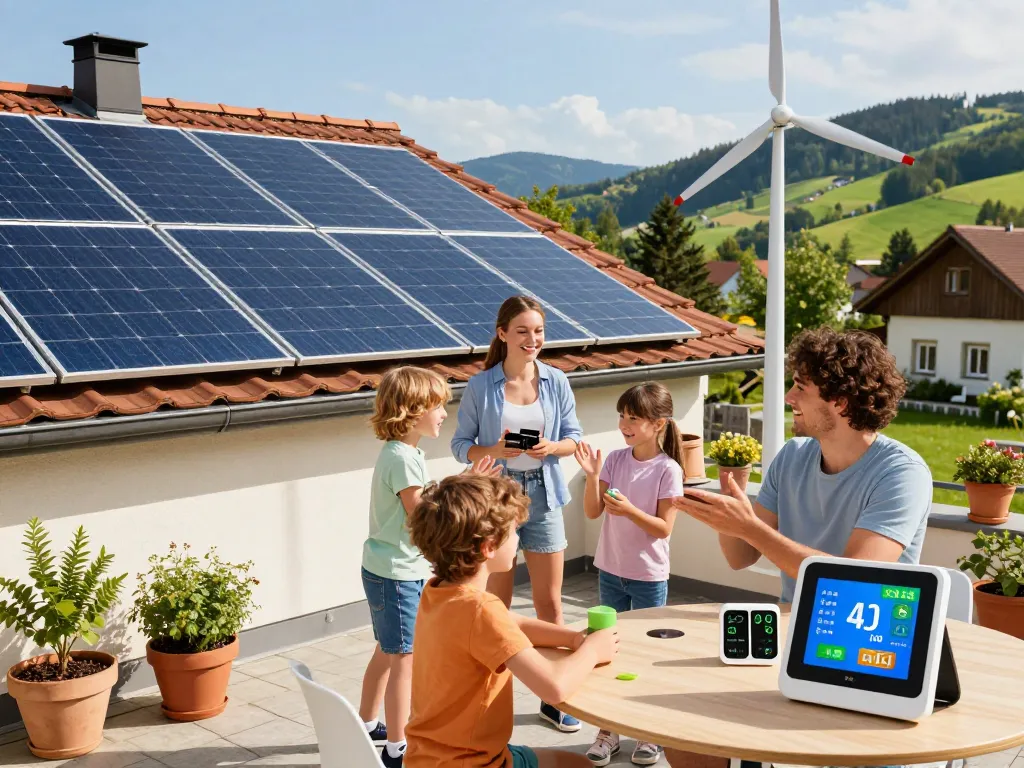Photovoltaik Bayern Solarpanels auf einem Wohnhausdach mit einer Familie, die über Energieeinsparungen in Bayern diskutiert.