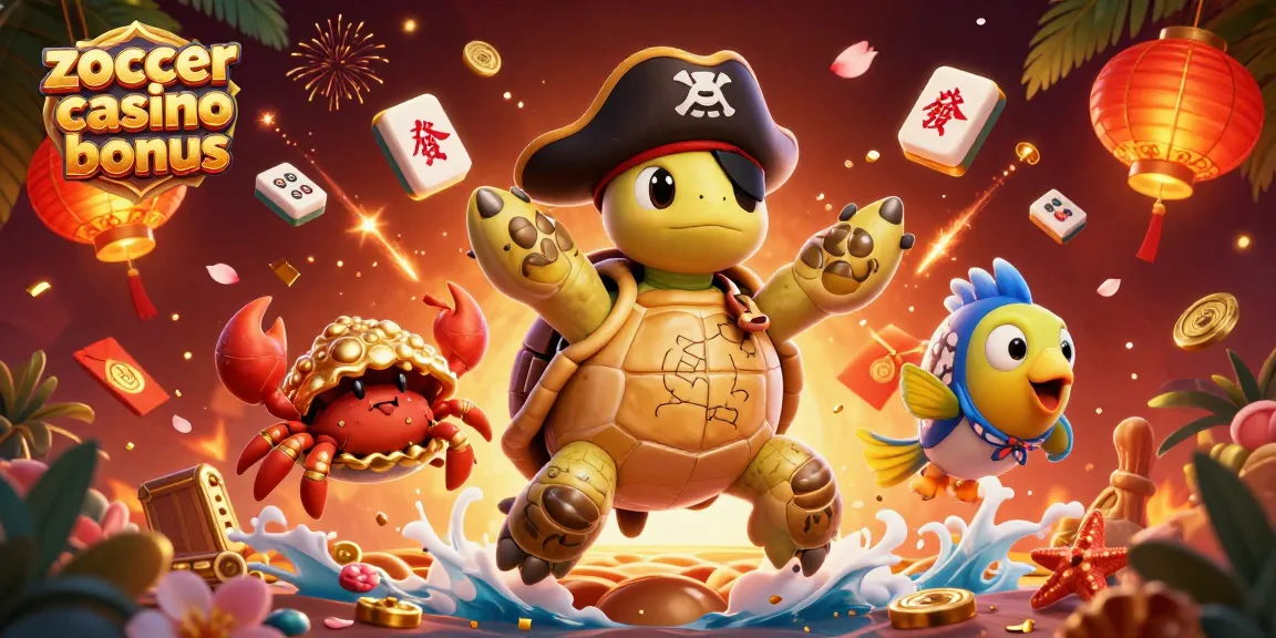 Erleben Sie den zoccer Casino Bonus mit dieser lebendigen 3D-Illustration voller farbenfroher Casino-Elemente.