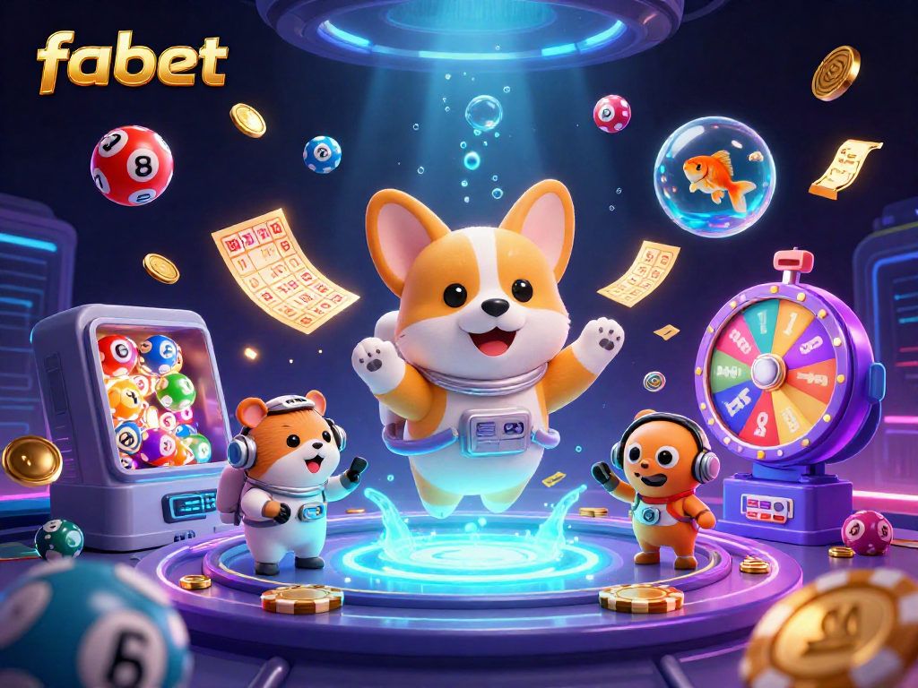 Experience fabet's vibrant casino environment with floating characters and dynamic gaming elements in space.
