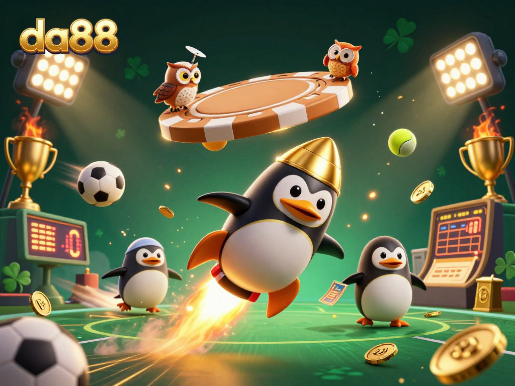 Bet on exciting games at da88 with the golden penguin soaring through a cosmic betting adventure.