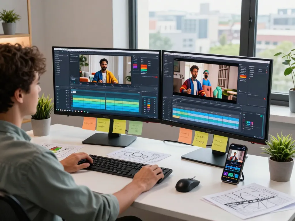 Kling 2.6 motion control showcased in a dynamic video editing workspace with animated character displays.