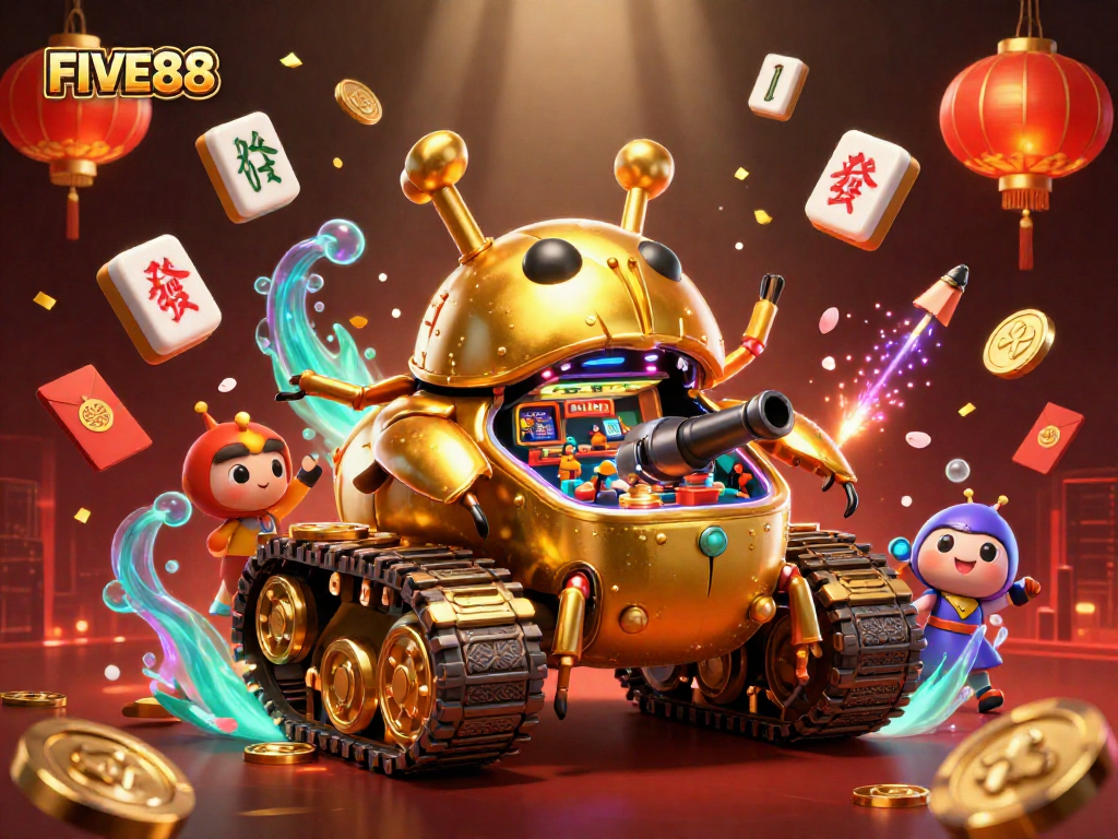 Experience the vibrant world of FIVE88, featuring a colorful casino adventure in a golden beetle tank.