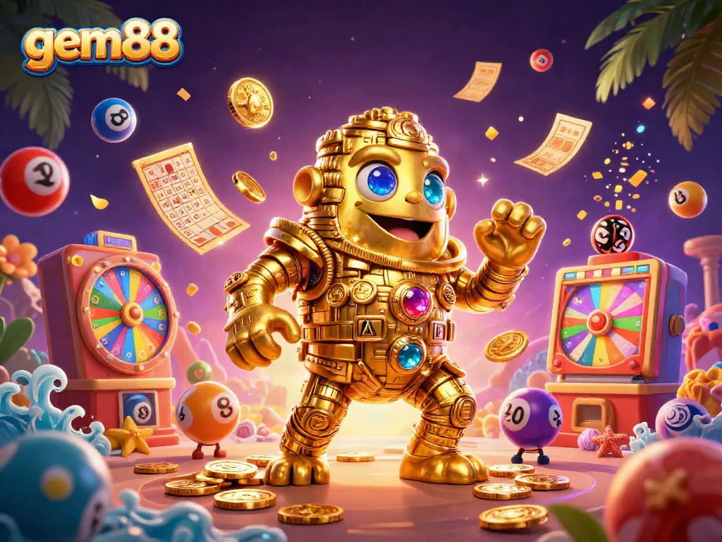 Experience the excitement of gem88 with a golden coin golem and vibrant gaming elements in an engaging casino atmosphere.