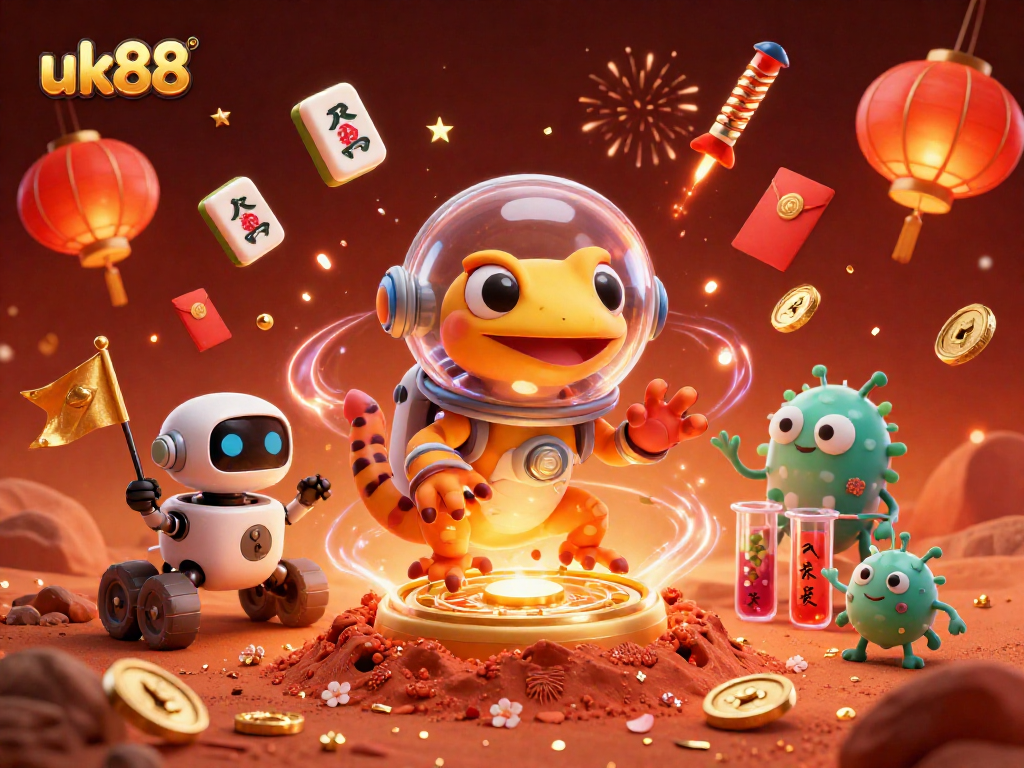 Experience excitement at uk88 as a Martian gecko discovers a golden casino with joyful alien bacteria cheering.