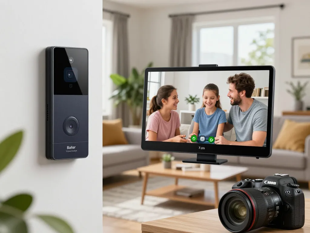 Familie, die mit der Balter Türsprechanlage Video-Türsprechanlage in einem modernen Wohnzimmer interagiert