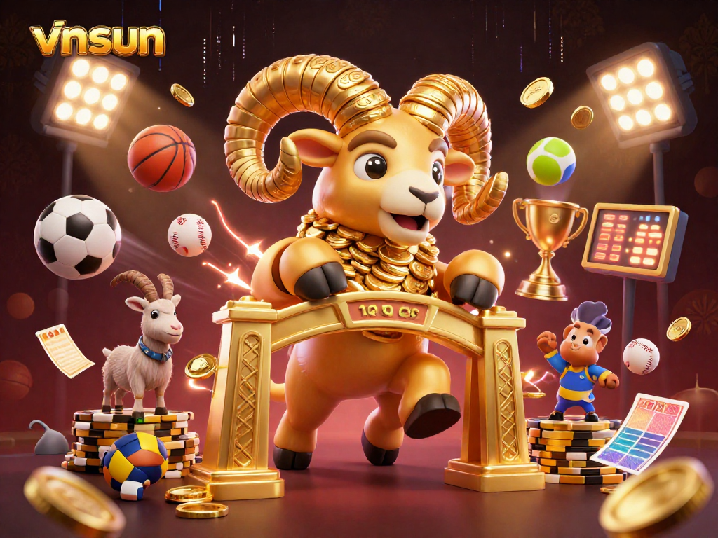Engage in a thrilling betting experience with vnsun's dynamic casino scene featuring a golden ram and lively sports elements.