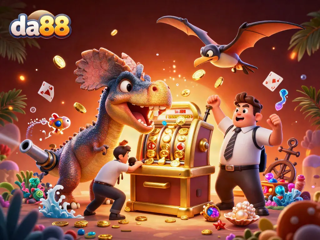 Experience da88 as the pachycephalosaurus wins big at a vibrant casino scene with coins flying everywhere.