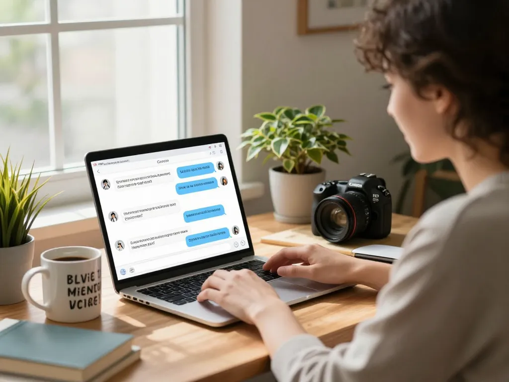 Engaging in sex ai chat with a friendly AI chatbot in a cozy home office.