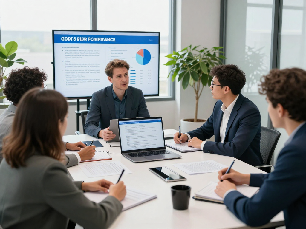 Expert discussing Datenschutz Dienstleistung with a team, showcasing compliance solutions.