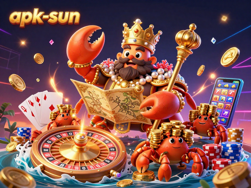Experience excitement at apk-sun with a vibrant 3D scene of casino adventures featuring a golden crab emperor.