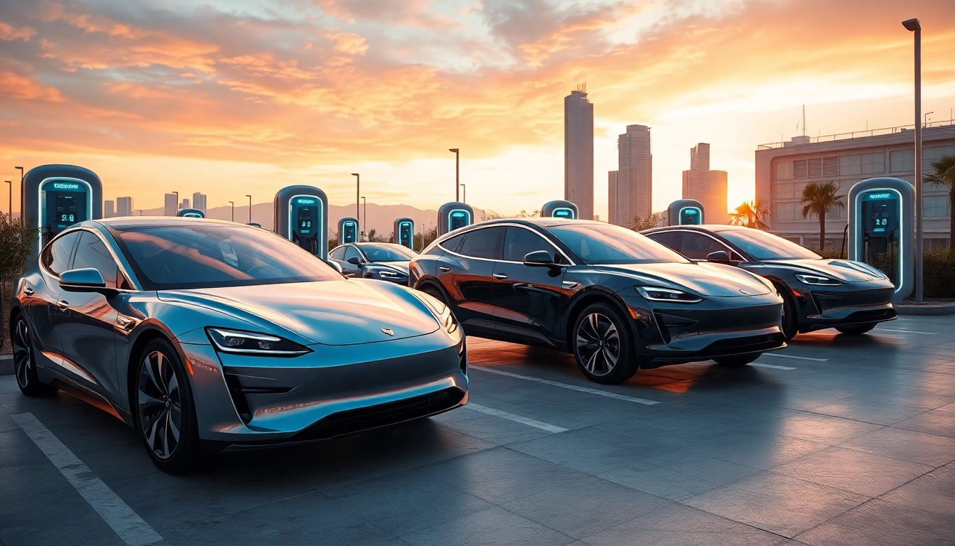 Elektroautos in einer modernen Stadt mit Ladesäulen und futuristischer Architektur.