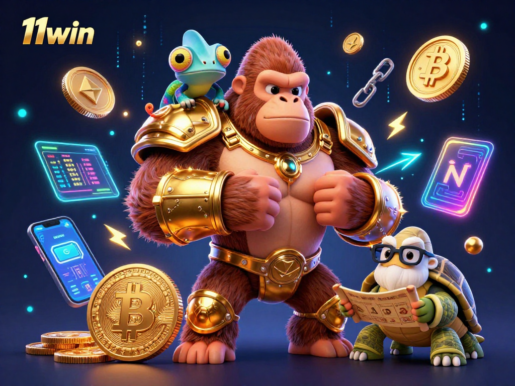 Engage in thrilling games at 11win with a dynamic 3D casino illustration featuring vibrant characters and crypto elements.