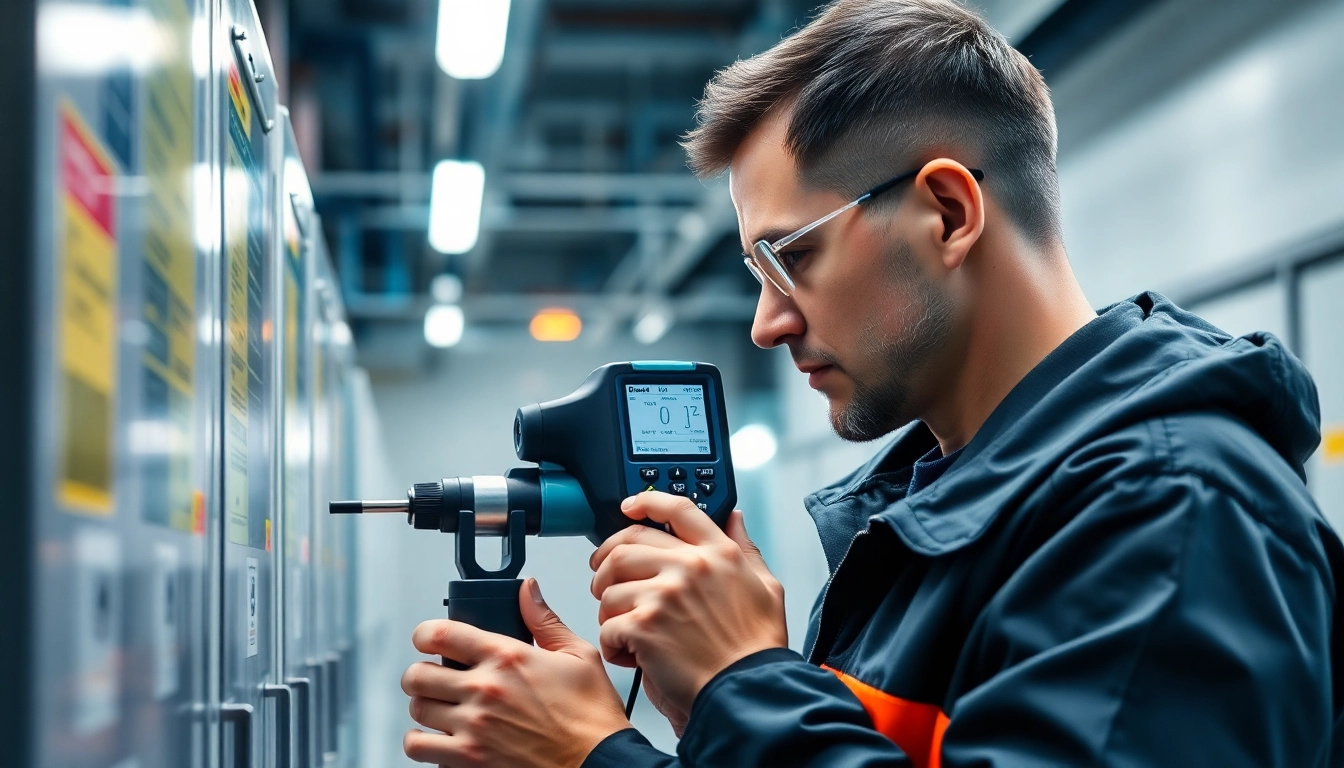 Technician conducting DGUV V3 Prüfung on electrical equipment, ensuring safety standards for workplace protection.