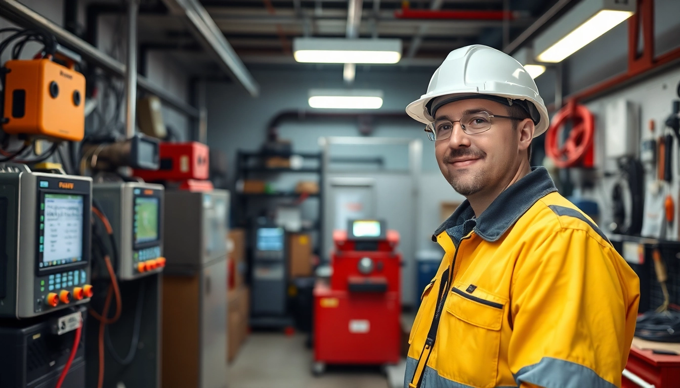 Techniker führt eine DGUV V3 Prüfung durch, überprüft elektrische Geräte in einer modernen Werkstatt.