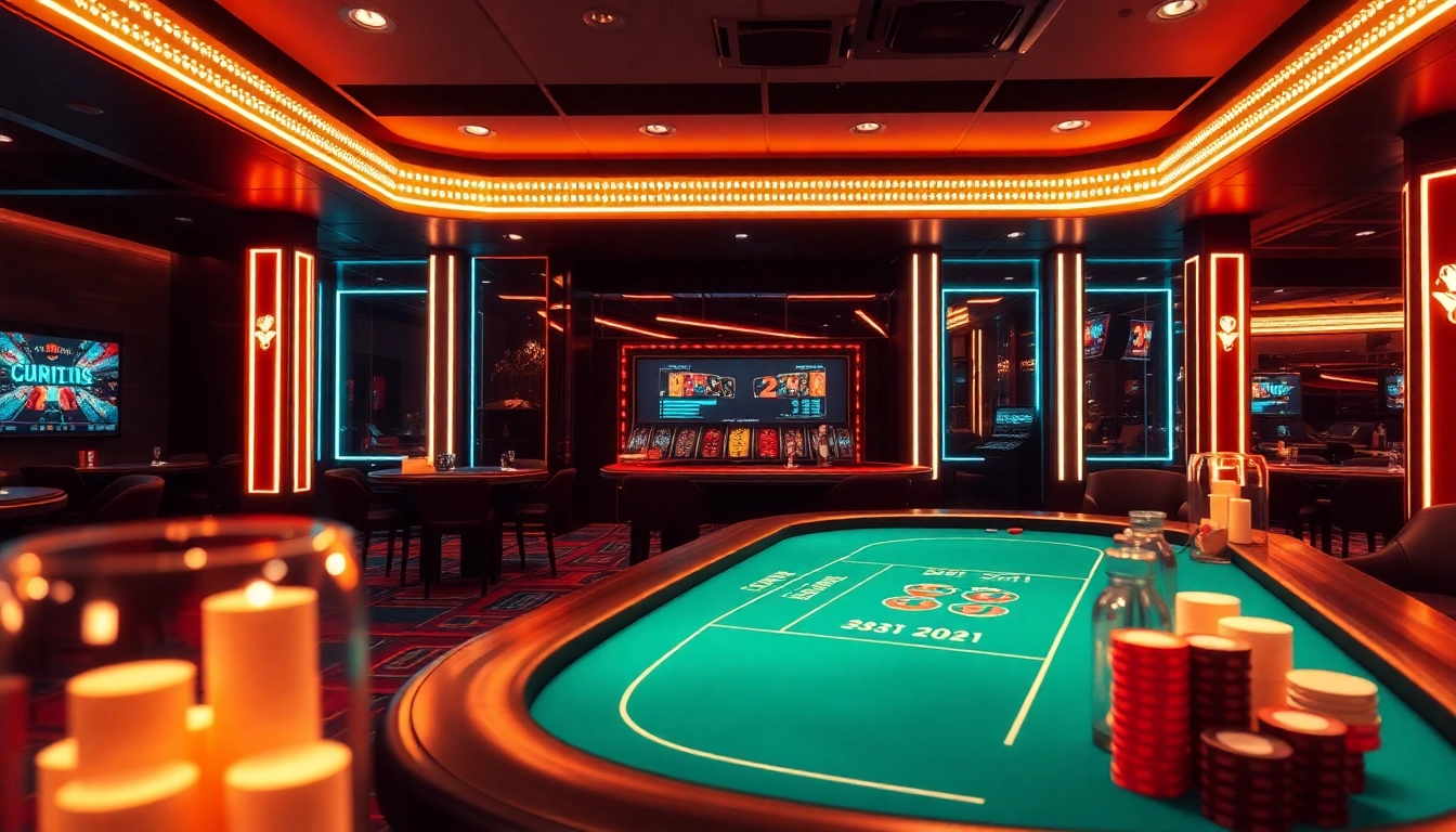 Spielen im online casino ohne anmeldung mit lebhaften Neonlichtern und einem eleganten Spieltisch erleben.