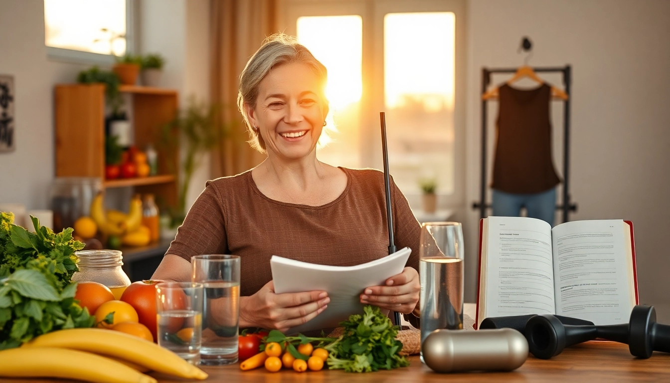 Personerlebendiger Gewichtsverlust während eines Fitnessprogramms mit frischen Lebensmitteln und motivierender Umgebung.