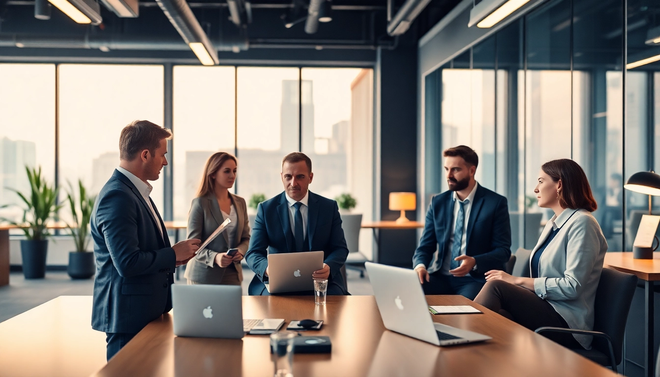 Unternehmensberatung Hannover: Beratende Fachleute im modernen Büro bei strategischen Diskussionen.