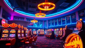 Erlebe aufregende online casino bonus Angebote in einem modernen Casino mit bunten Spielautomaten und Neonlichtern.