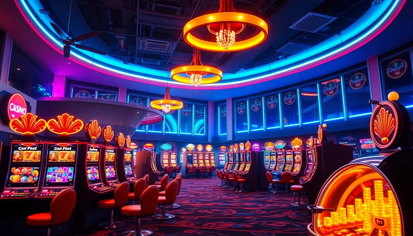 Erlebe aufregende online casino bonus Angebote in einem modernen Casino mit bunten Spielautomaten und Neonlichtern.
