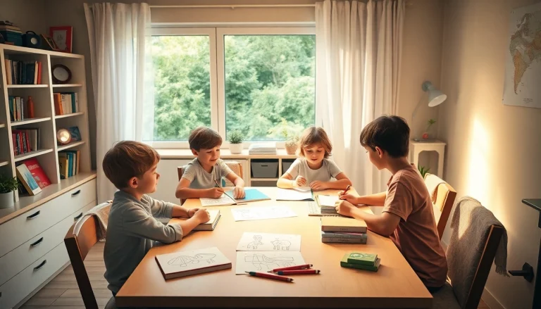 Kinder lernen engagiert am Esstisch im Rahmen eines Heimunterrichts, umgeben von Büchern und Materialien.