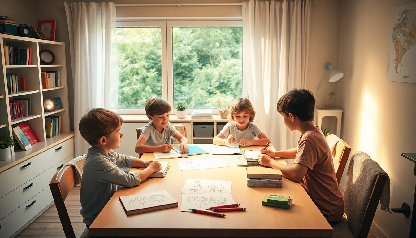 Kinder lernen engagiert am Esstisch im Rahmen eines Heimunterrichts, umgeben von Büchern und Materialien.