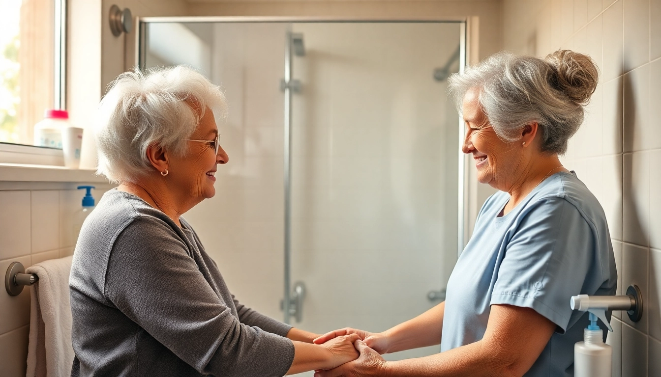 Visa einem engagierten Pflegedienst bei der Unterstützung eines älteren Menschen beim Duschen, umgeben von einem einladenden Badezimmer.