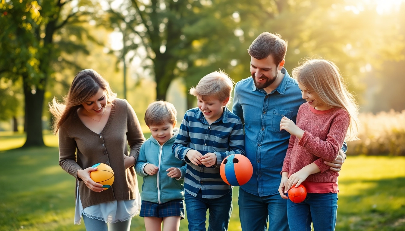 Kindererziehung: Familienzeit im Park, spielende Eltern mit Kindern.