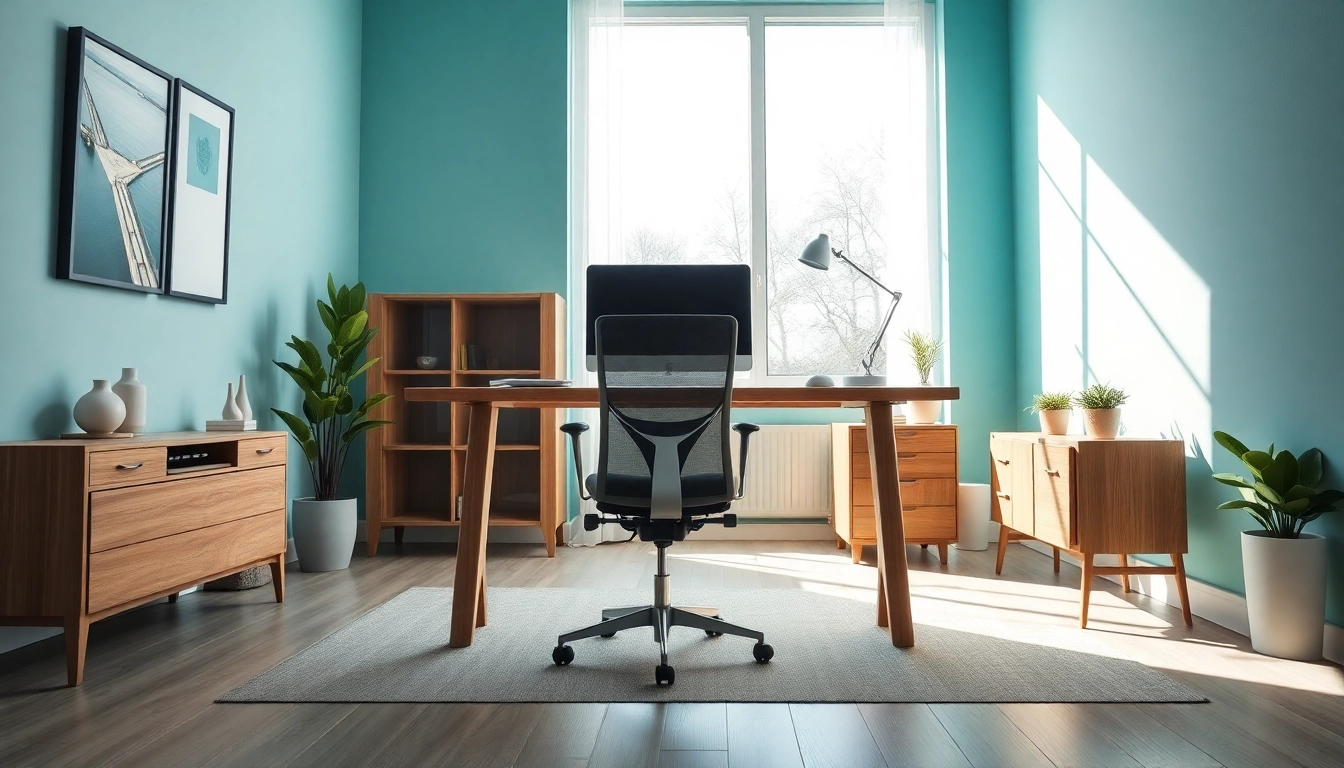 Büromöbel in einem modernen Büro mit ergonomischem Design und natürlichen Lichtquellen.