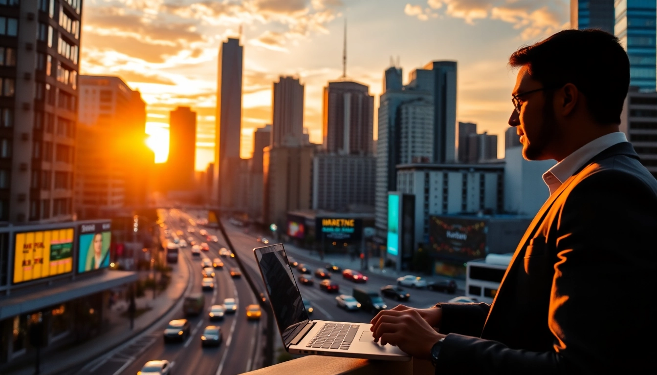 Capture digital marketing dynamics with SEO.my as professionals use technology in a vibrant city.