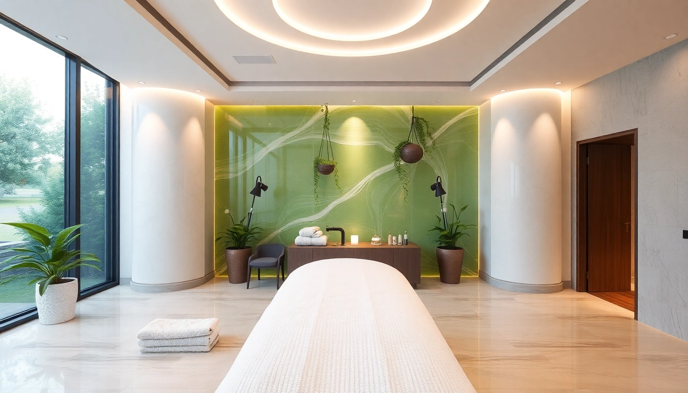 Behandlungsliege in einem stilvollen Spa-Umfeld zeigt beruhigende Farben und elegantes Design.