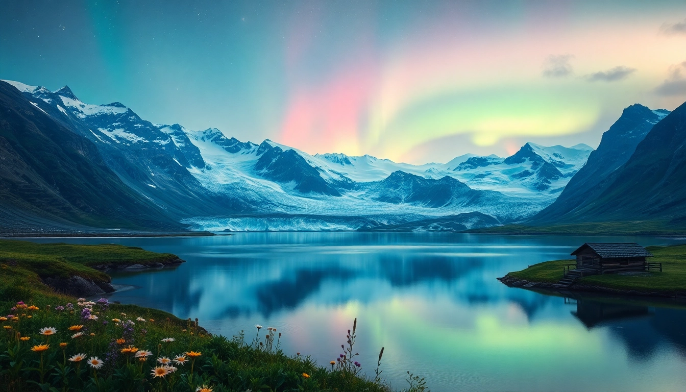 Erkunden Sie die atemberaubende Natur während Ihrer Reise nach Island mit glühenden Nordlichtern über einem ruhigen See und majestätischen Bergen.