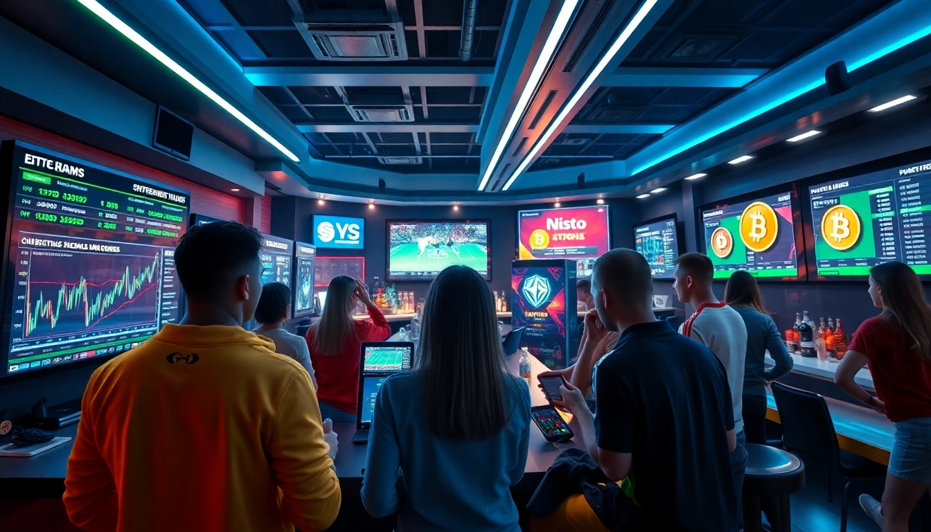 Experience the thrill of Crypto betting in a futuristic sports bar environment with excited bettors.