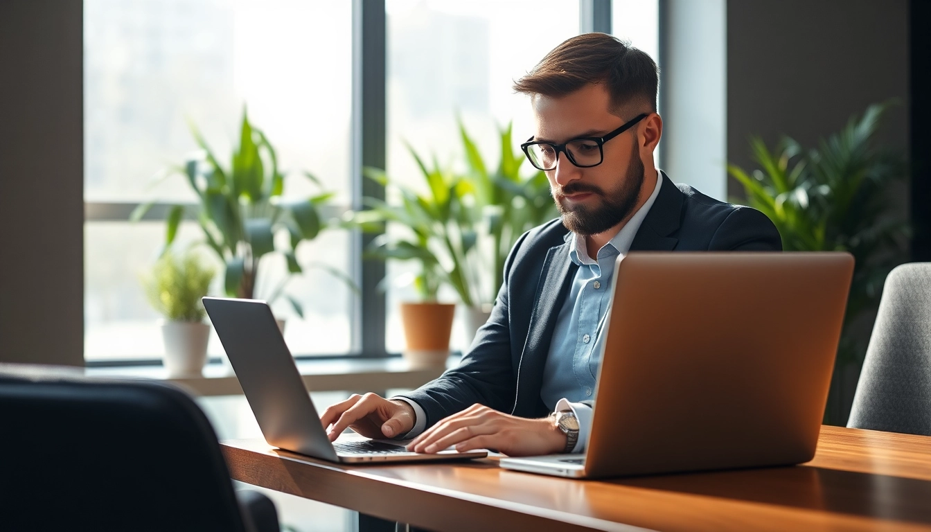 Headhunter bei der Arbeit am Laptop zur Kandidatenauswahl im modernen Büro.