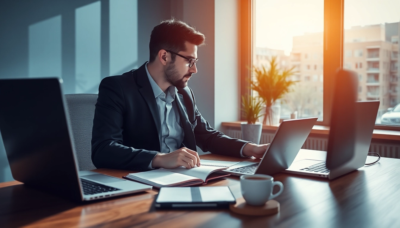 Headhunter IT beim Arbeiten an einem modernen Schreibtisch mit Technologie.