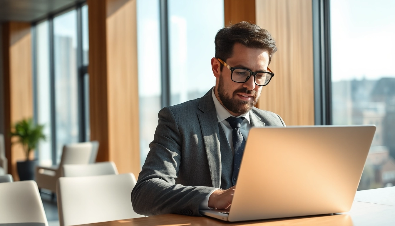 Professioneller Headhunter Mühlheim im modernen Büro, der konzentriert am Laptop arbeitet.