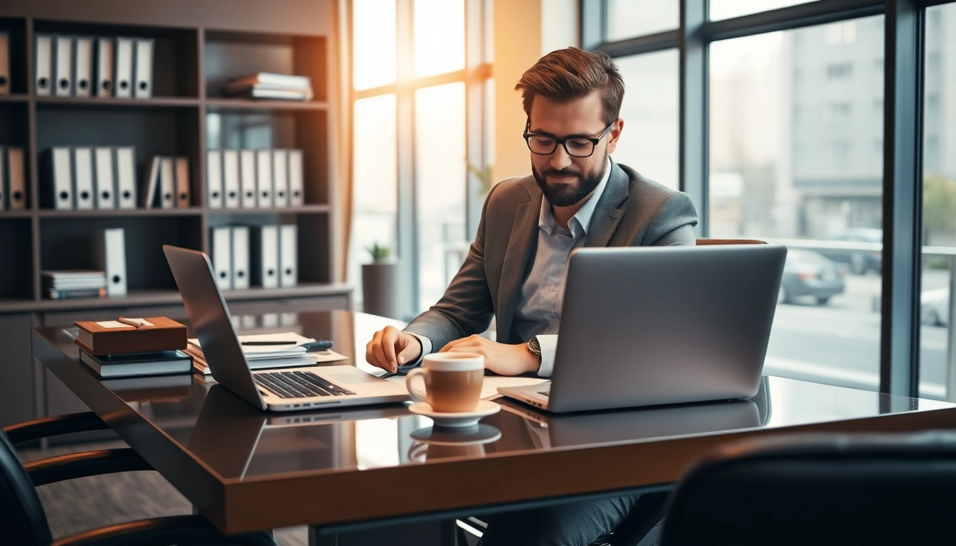Headhunter Köln bei der Arbeit am Schreibtisch in einem modernen Büro.