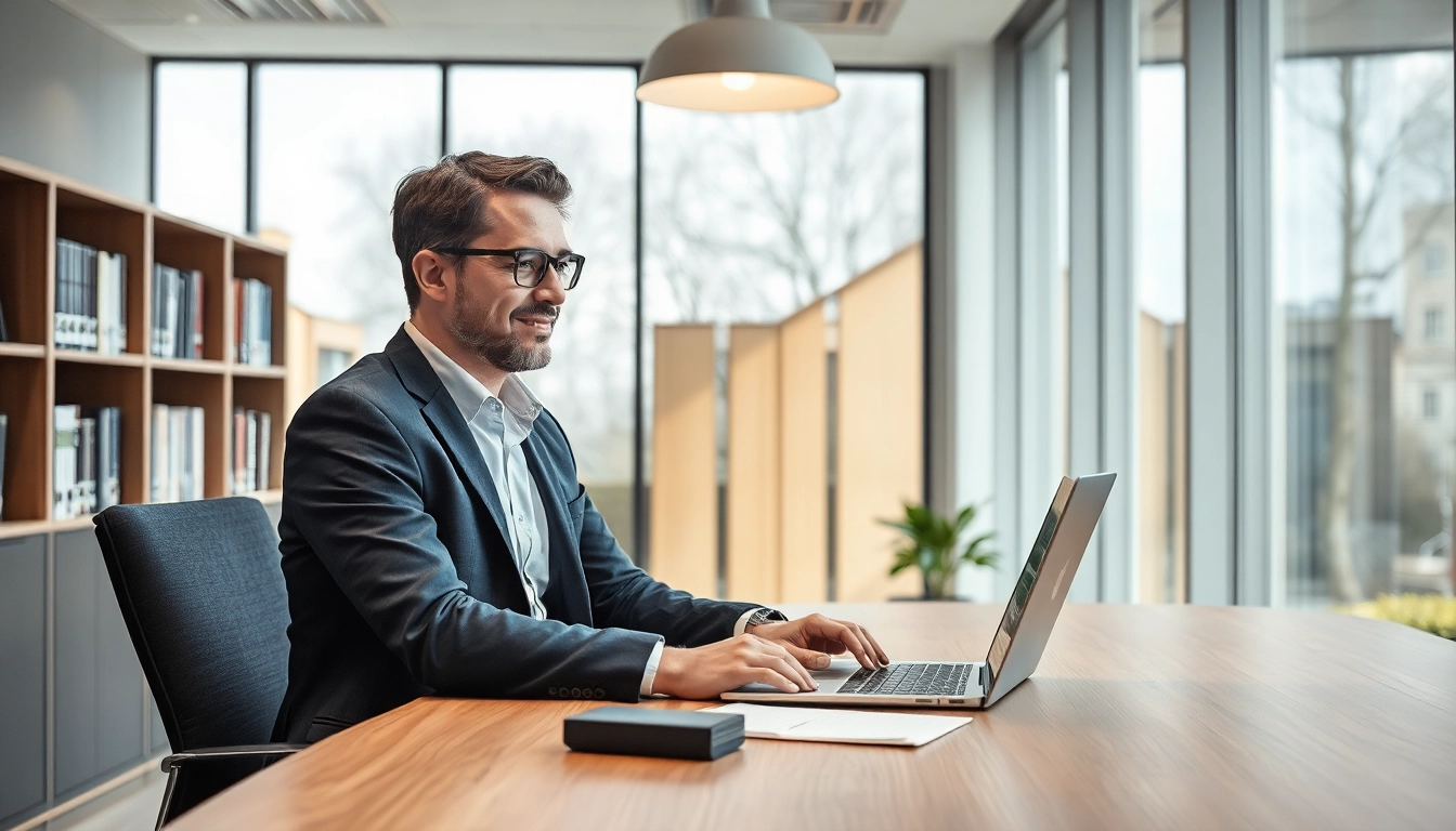 Der Headhunter München arbeitet professionell in einem modernen Büro und nutzt Technologie zur Personalvermittlung.