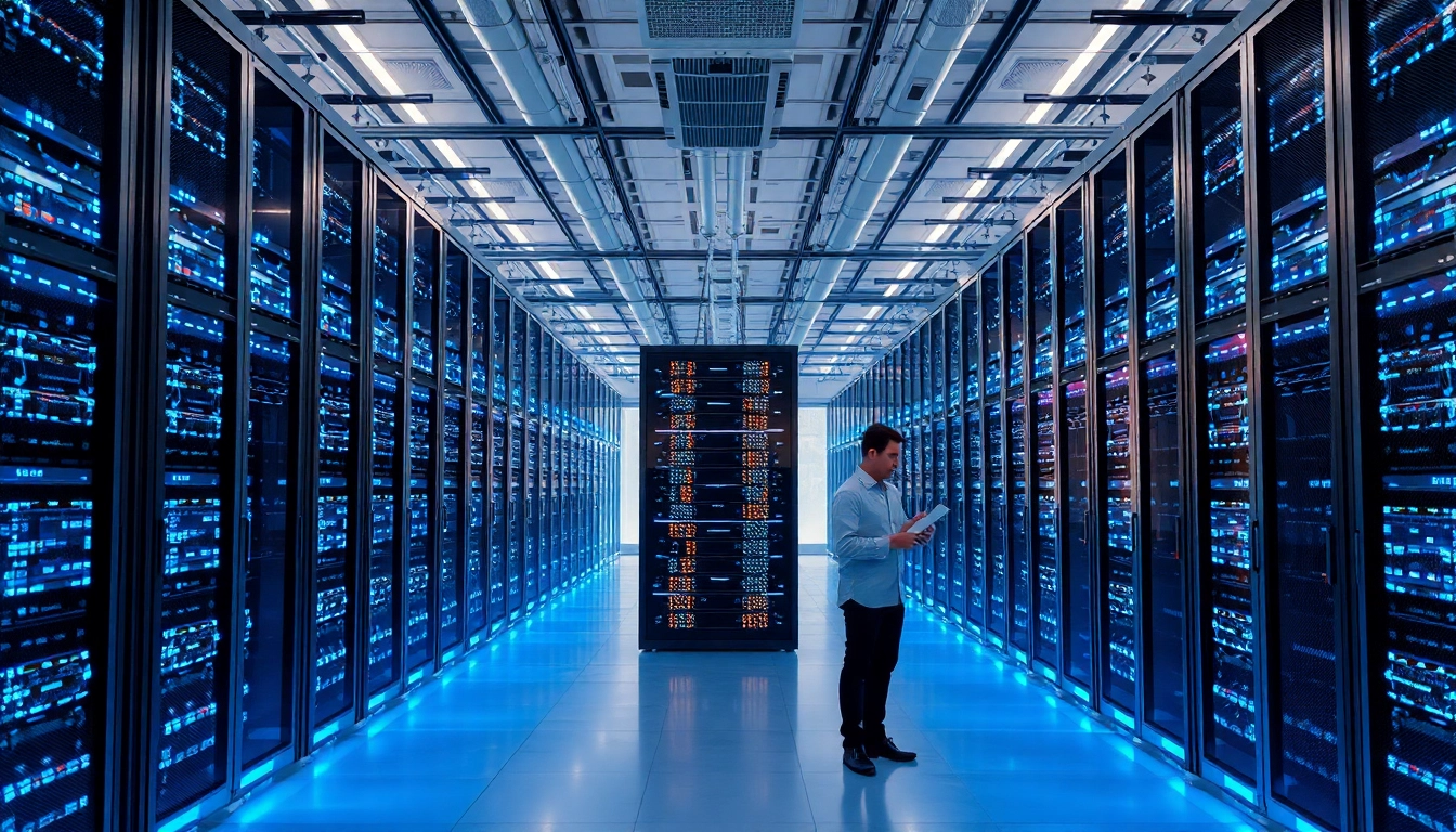Visualisieren Sie Windows Server 2025 für Rechenzentren in einem modernen Serverraum mit futuristischen Elementen.